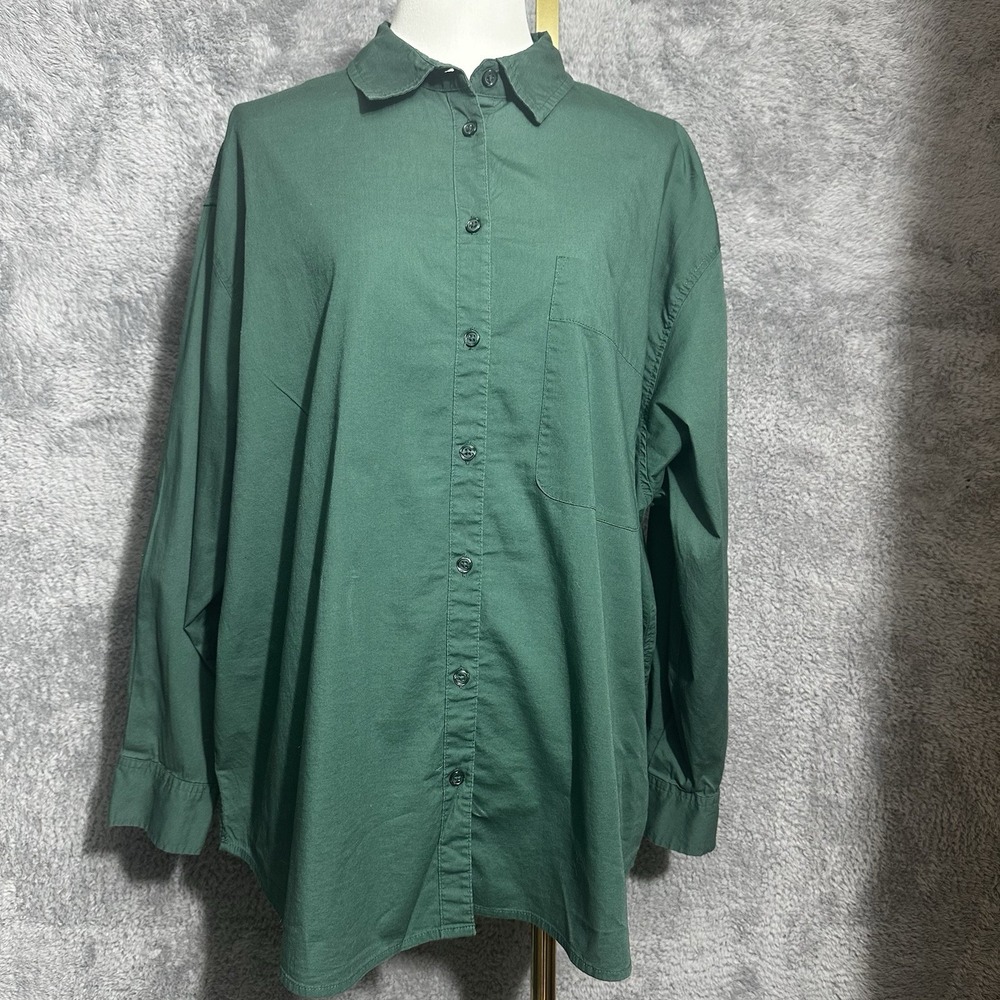 A New Day Green‎ Button-Up Women's  XL Long Sleeve Cotton Stretch Casual Pocket